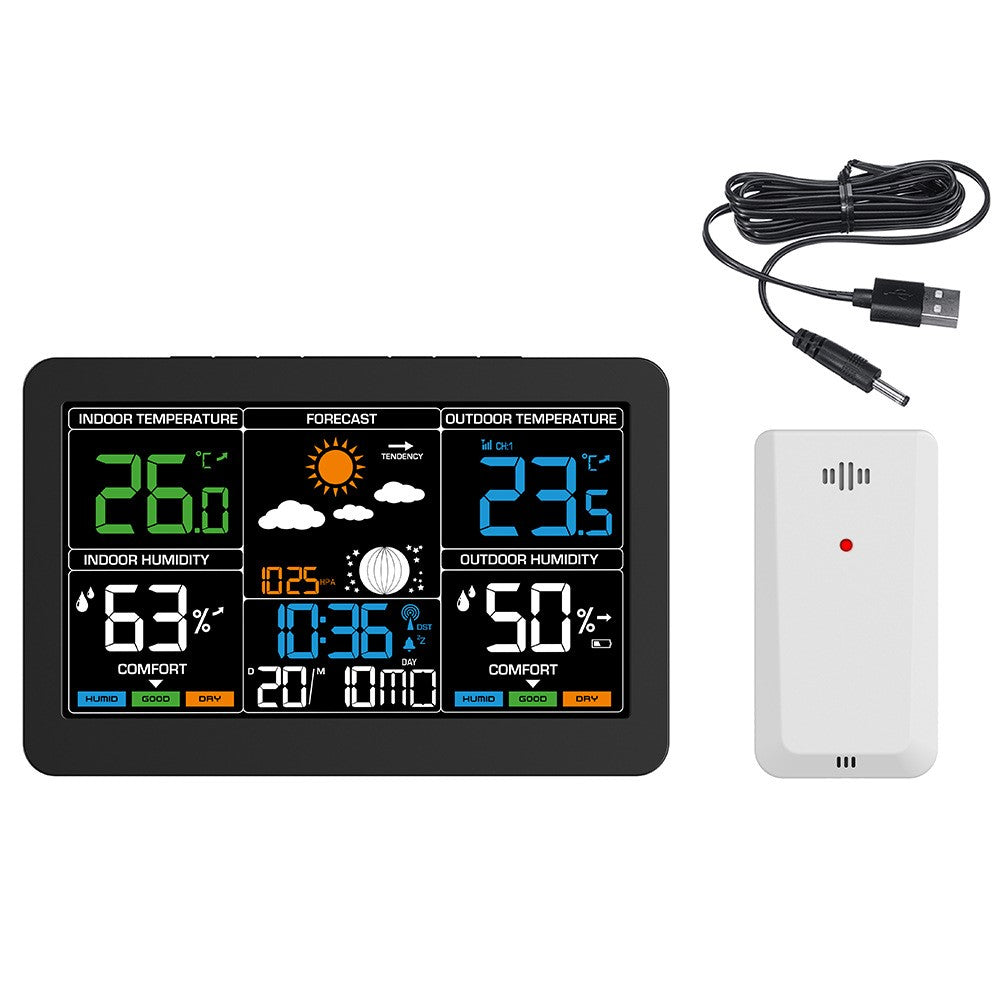 Large Color Screen Weather Clock RF Wireless Digital Alarm Clock with Temperature Humidity Meter 4-Level Weather Forecast