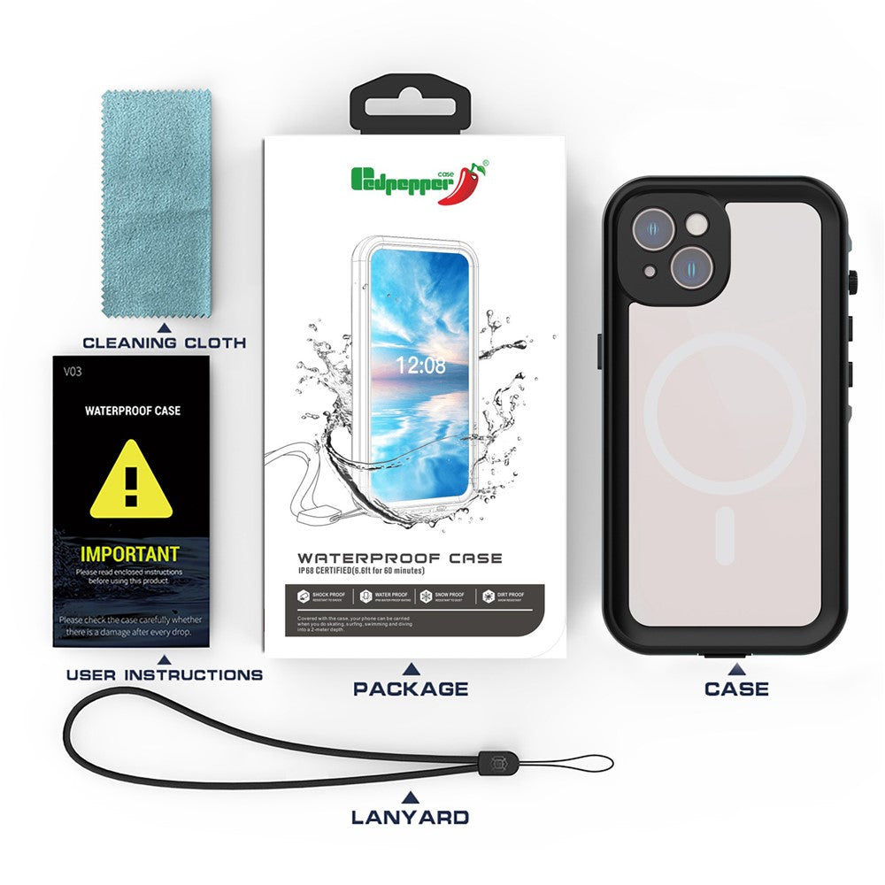 REDPEPPER Dot+ Series for iPhone 14 6.1 inch Compatible with MagSafe Wireless Charging Fall Proof Phone Cover IP68 Waterproof IP6X Dustproof Transparent Back Hybrid Phone Case