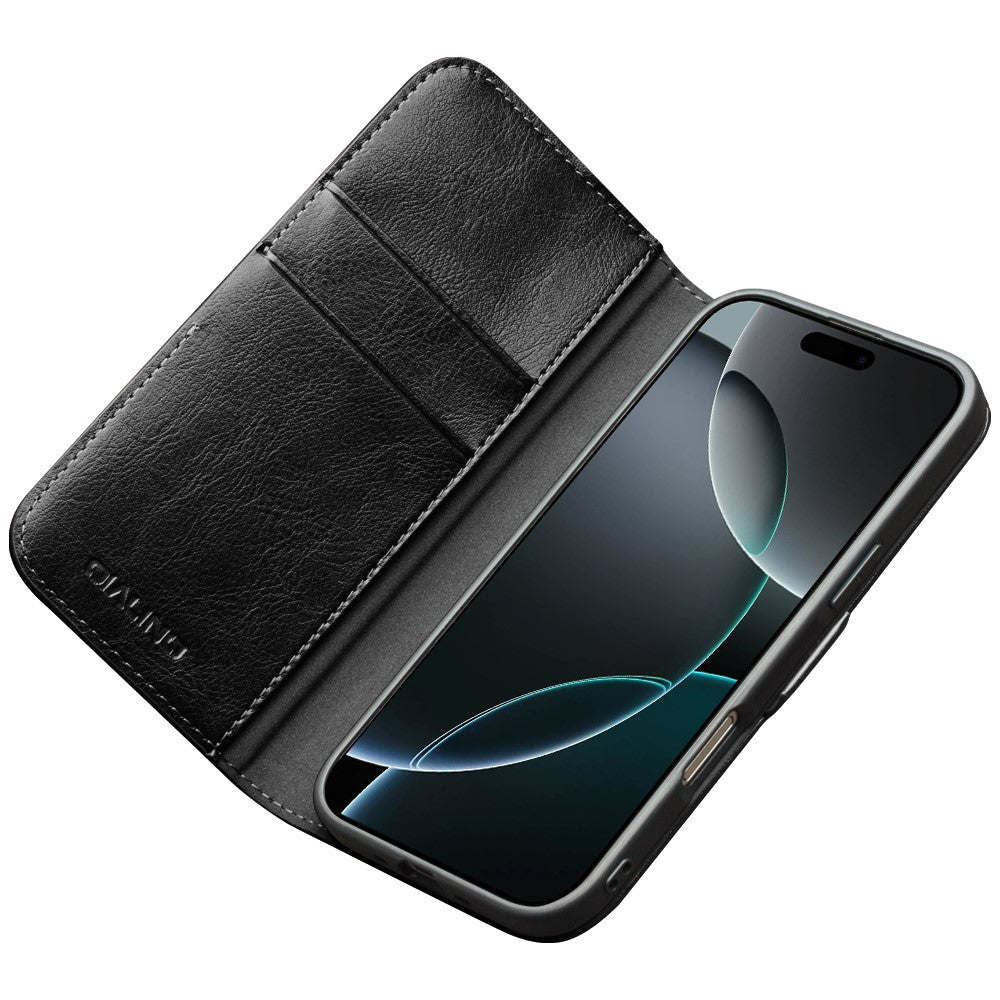 QIALINO For iPhone 17 Case with Card Holder Genuine Cow Leather Stand Phone Cover