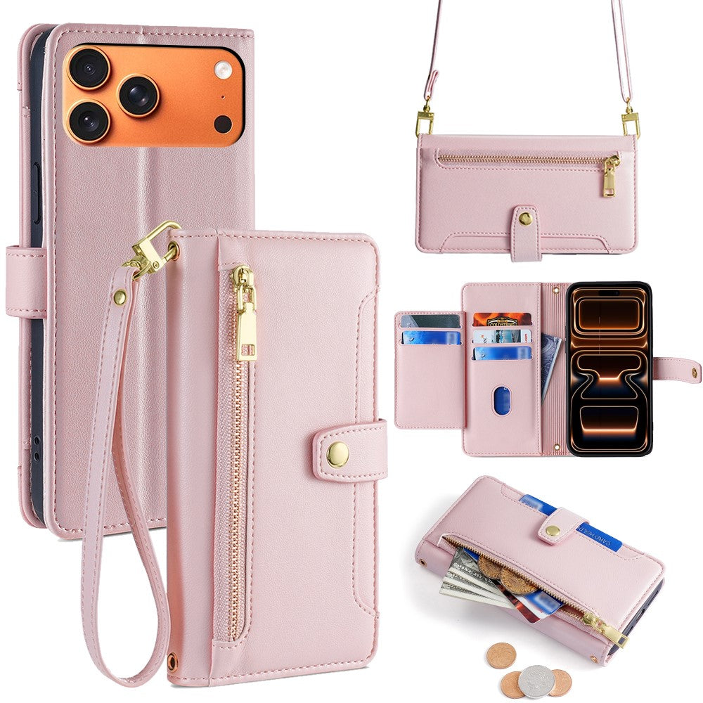 For iPhone 17 Pro Max Leather Case Zipper Pocket Wallet Phone Cover with 2 Straps
