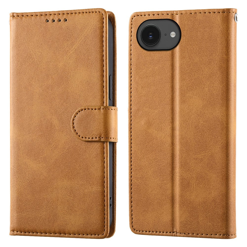 For iPhone 17e / 16e Case Stand Wallet Calf Texture PU Leather Flip Phone Cover with Wrist Strap