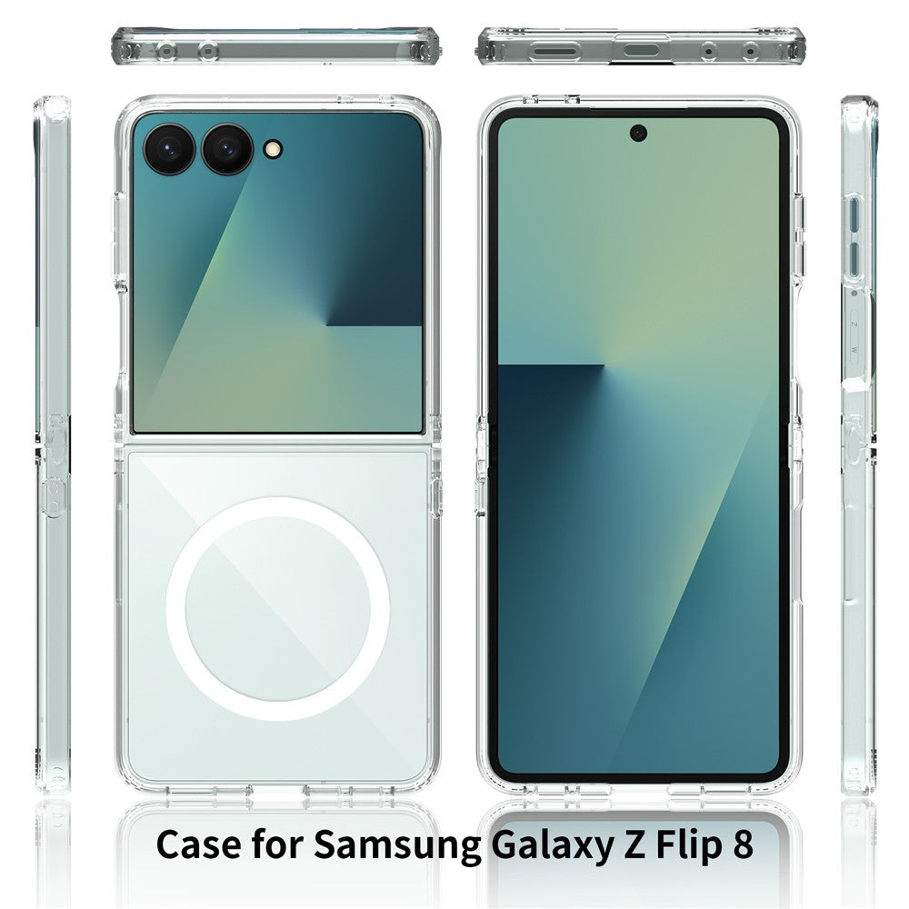 For Samsung Galaxy Z Flip8 Magnetic Case PC + TPU Clear Phone Cover + 2Pcs Outer Screen Tempered Glass Film + 2Pcs Inner Screen Hydrogel Film