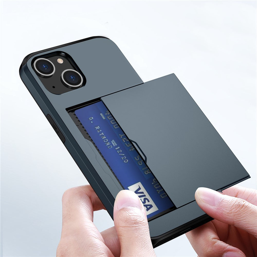 Slide Card Holder Protective Phone Case for iPhone 15 , TPU + PC Drop-proof Cell Phone Cover
