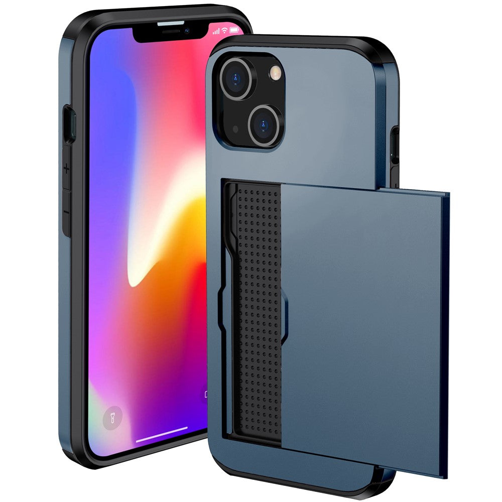 Slide Card Holder Protective Phone Case for iPhone 15 , TPU + PC Drop-proof Cell Phone Cover