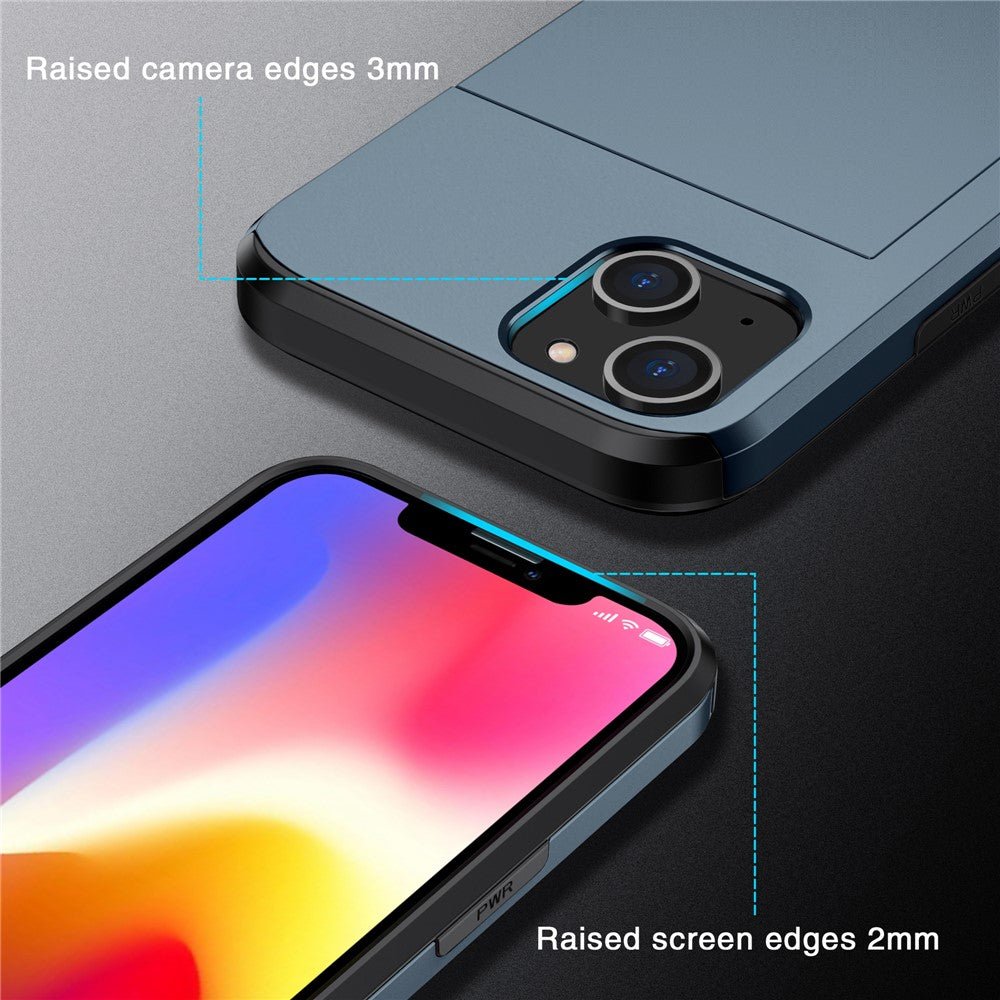 Slide Card Holder Protective Phone Case for iPhone 15 , TPU + PC Drop-proof Cell Phone Cover