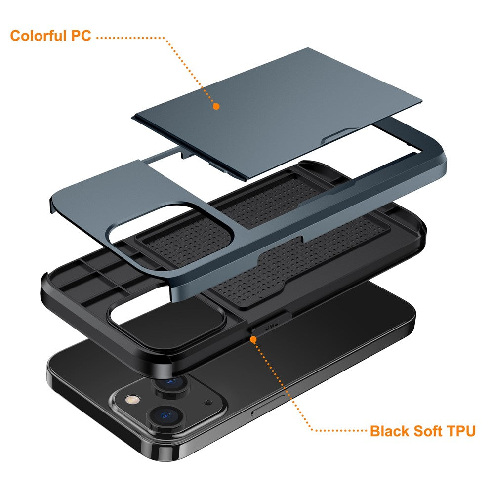 Slide Card Holder Protective Phone Case for iPhone 15 , TPU + PC Drop-proof Cell Phone Cover