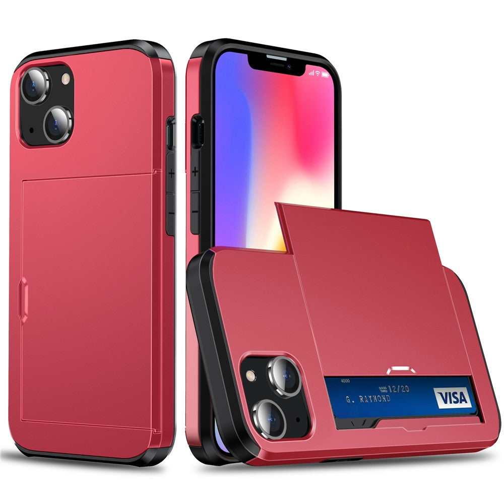 Slide Card Holder Protective Phone Case for iPhone 15 , TPU + PC Drop-proof Cell Phone Cover