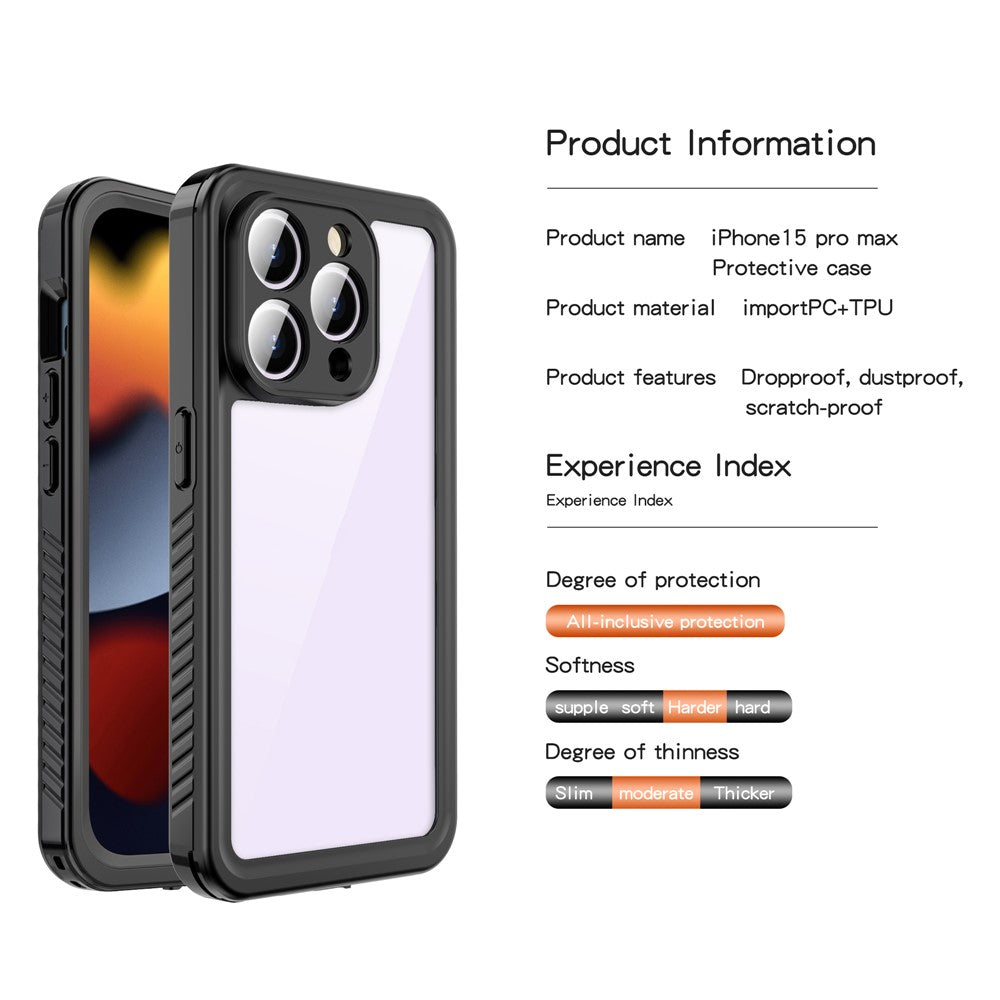 REDPEPPER FS Series for iPhone 15 Pro Max IP68 Waterproof Cellphone Case Clear Back Panel Underwater Diving Cover
