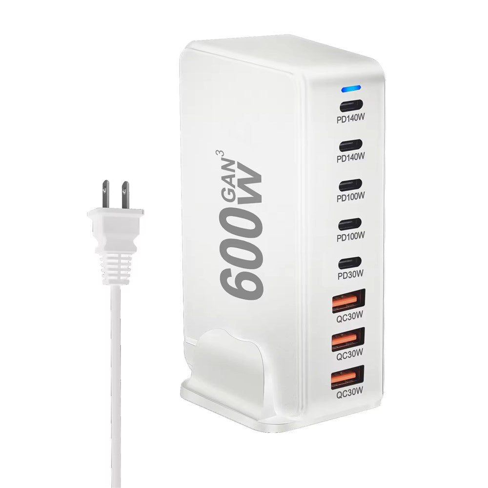 600W GaN Desktop Charger Type-C + USB-A 8-Port Fast Charging Station for Laptops Tablets Smartphones