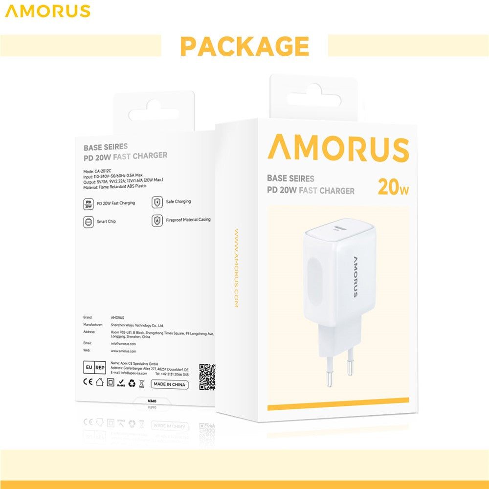 AMORUS PD 20W USB-C Schnelllade-Netzteil EU-Stecker für Smartphone, Tablet & Laptop