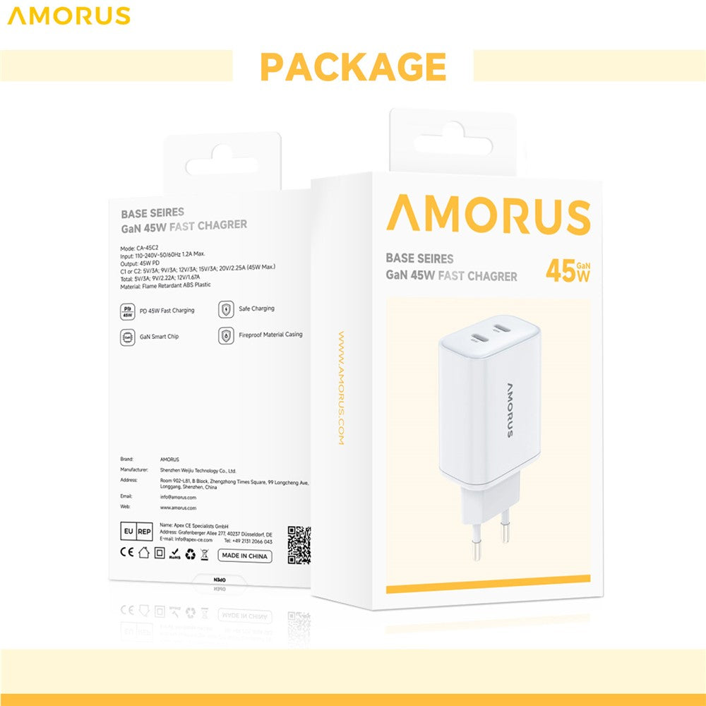 AMORUS Dual USB-C GaN Netzteil: 45W Schnellladung für iPhone, MacBook, iPad | EU Stecker