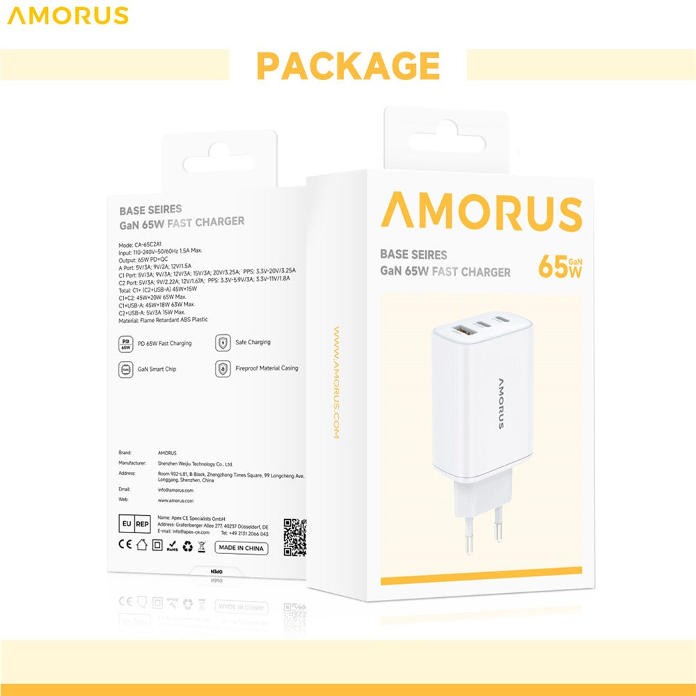 AMORUS PD 65W Schnellladegerät USB-A + 2x Typ-C GaN Netzteil für Laptop/Smartphone/Tablet, EU Stecker