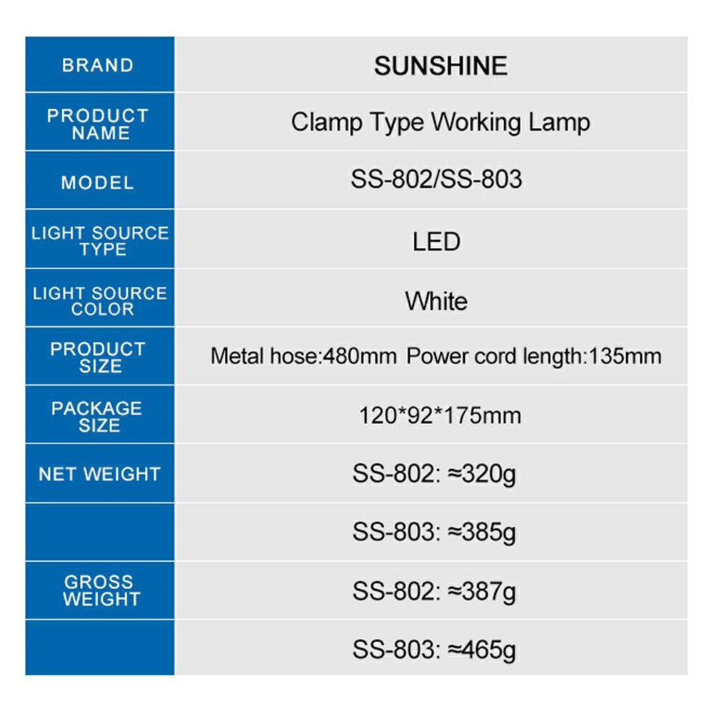 SUNSHINE SS-803 Clamp LED Work Light 360 Degree Adjustable 35 LEDs Metal Flexible Arm Clip-on Desk Lamp for Repair