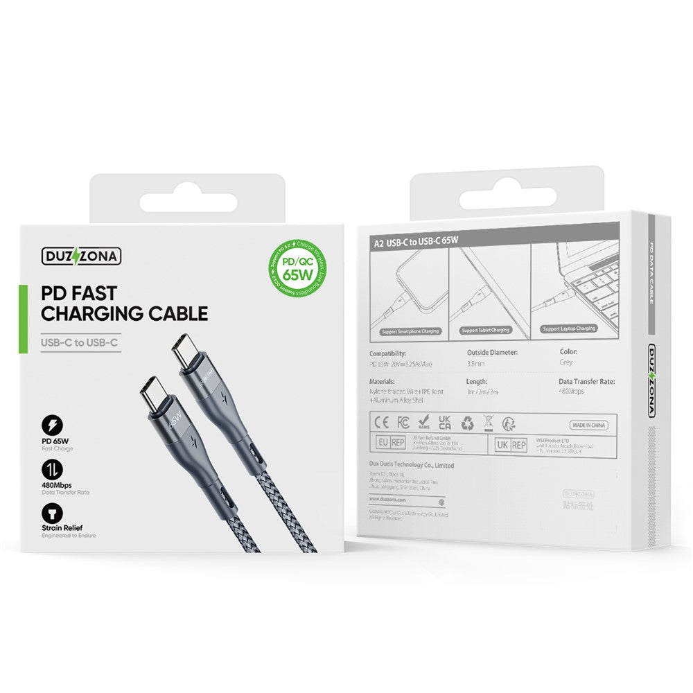 DUZZONA A2 3m PD 65W Fast Charging USB-C to USB-C Cable Nylon Braided Data Cord for iPhone 16-15 Series