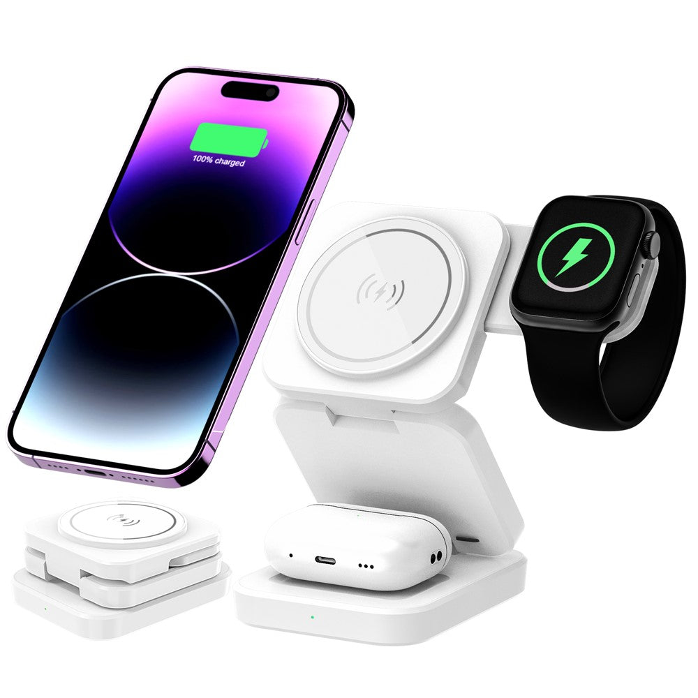 A390 3-in-1 15W Magnetisches Schnelllade-Ladekabel mit faltbarem Ständer für iPhone / Apple Watch / AirPods
