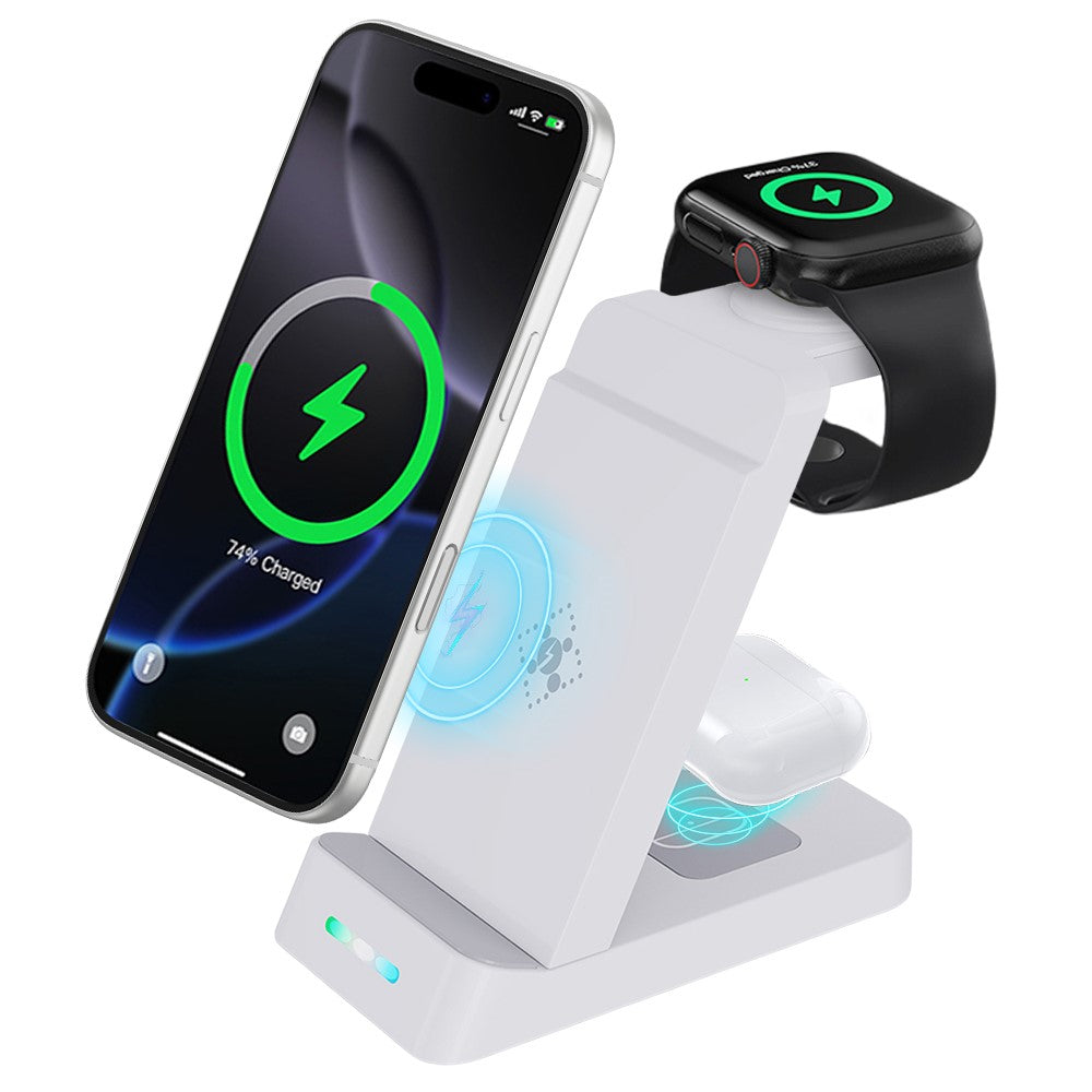 B-20A 3 in 1 Wireless Charging Station 15W Foldable Magnetic Charger Stand for Phone Earbuds Samsung Galaxy Watch 3 / 4 / 5 / 6 / 7