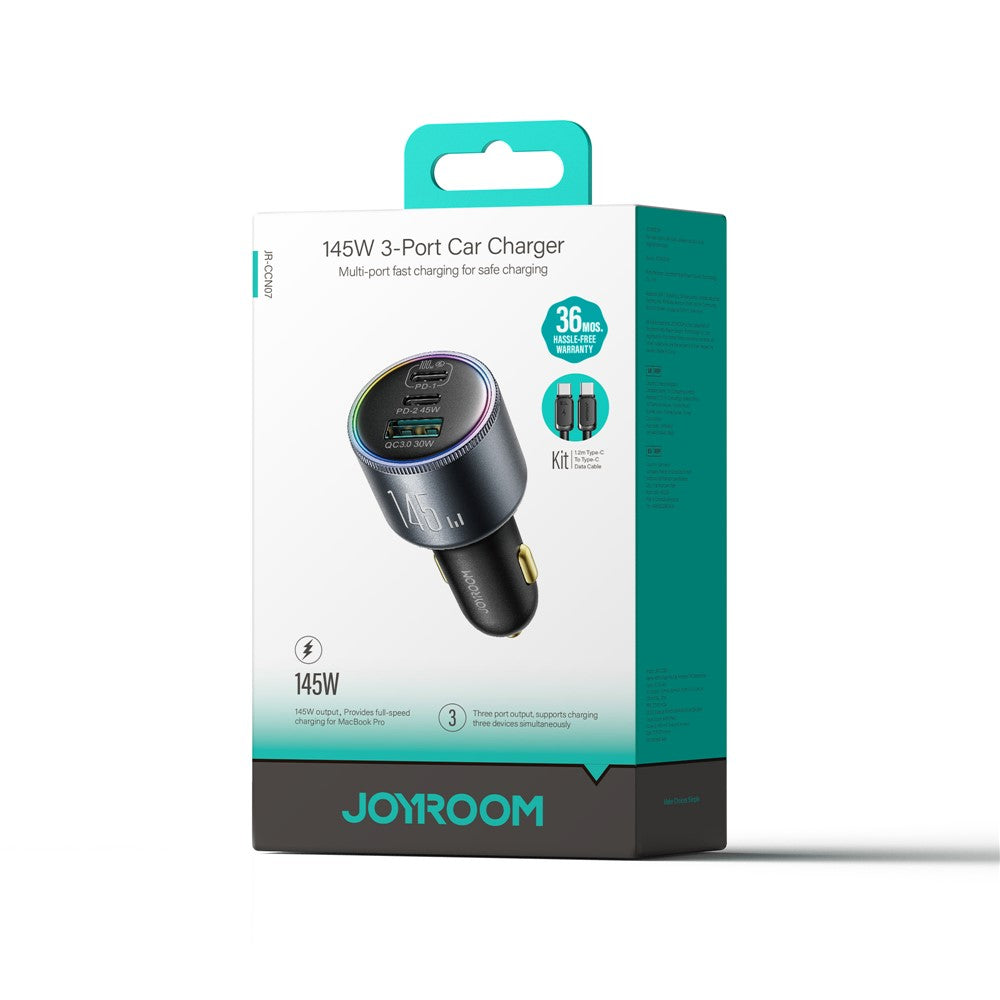 JOYROOM JR-CCN07 145W Super Fast Charging 3-Port Car Charger 2 Type-C + USB Car Charger Set with Type-C to Type-C Data Cable
