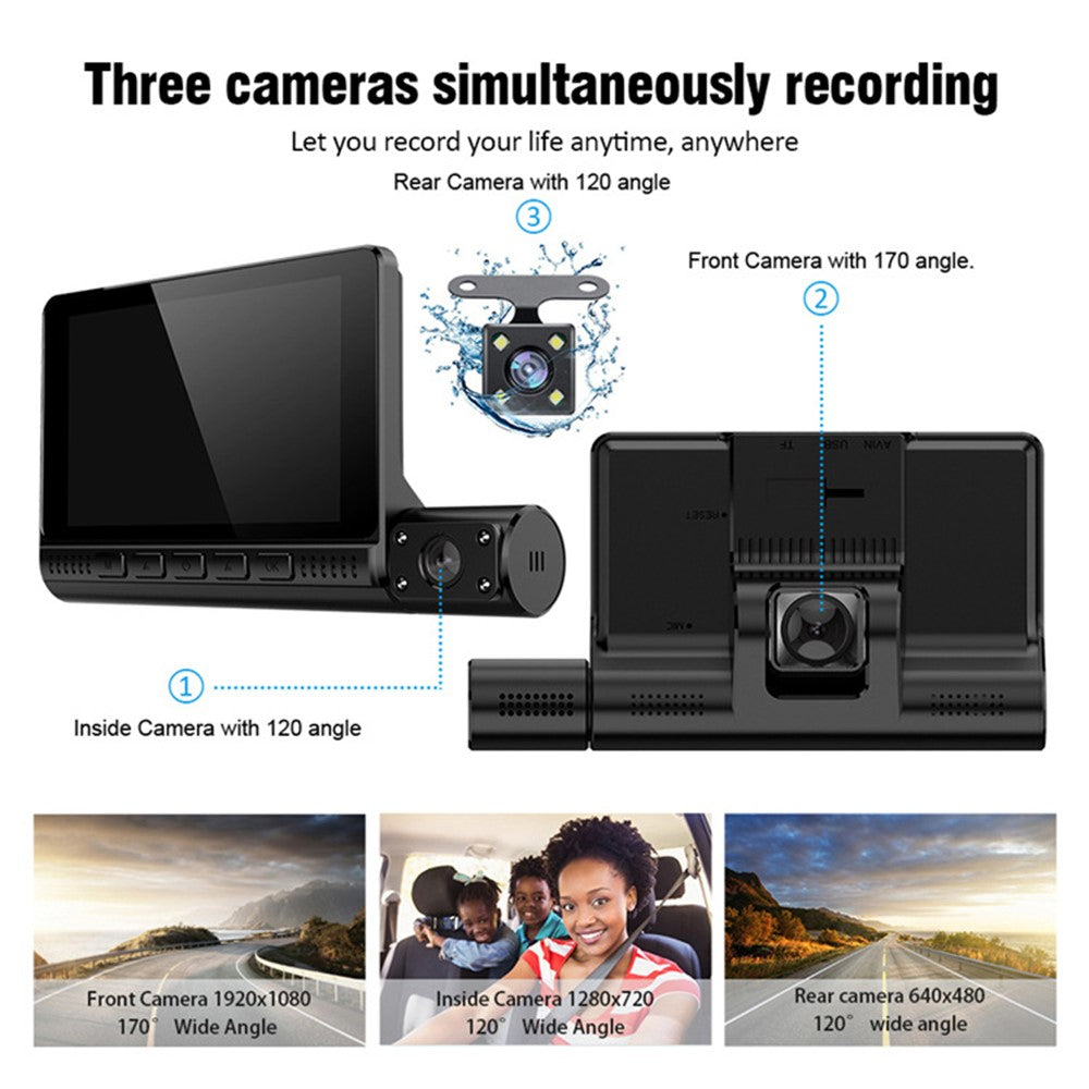 909 Car DVR Dash Cam 1080P Night Vision Parking Monitoring 4.0-inch Touch Screen 3 Cameras Driving Recorder