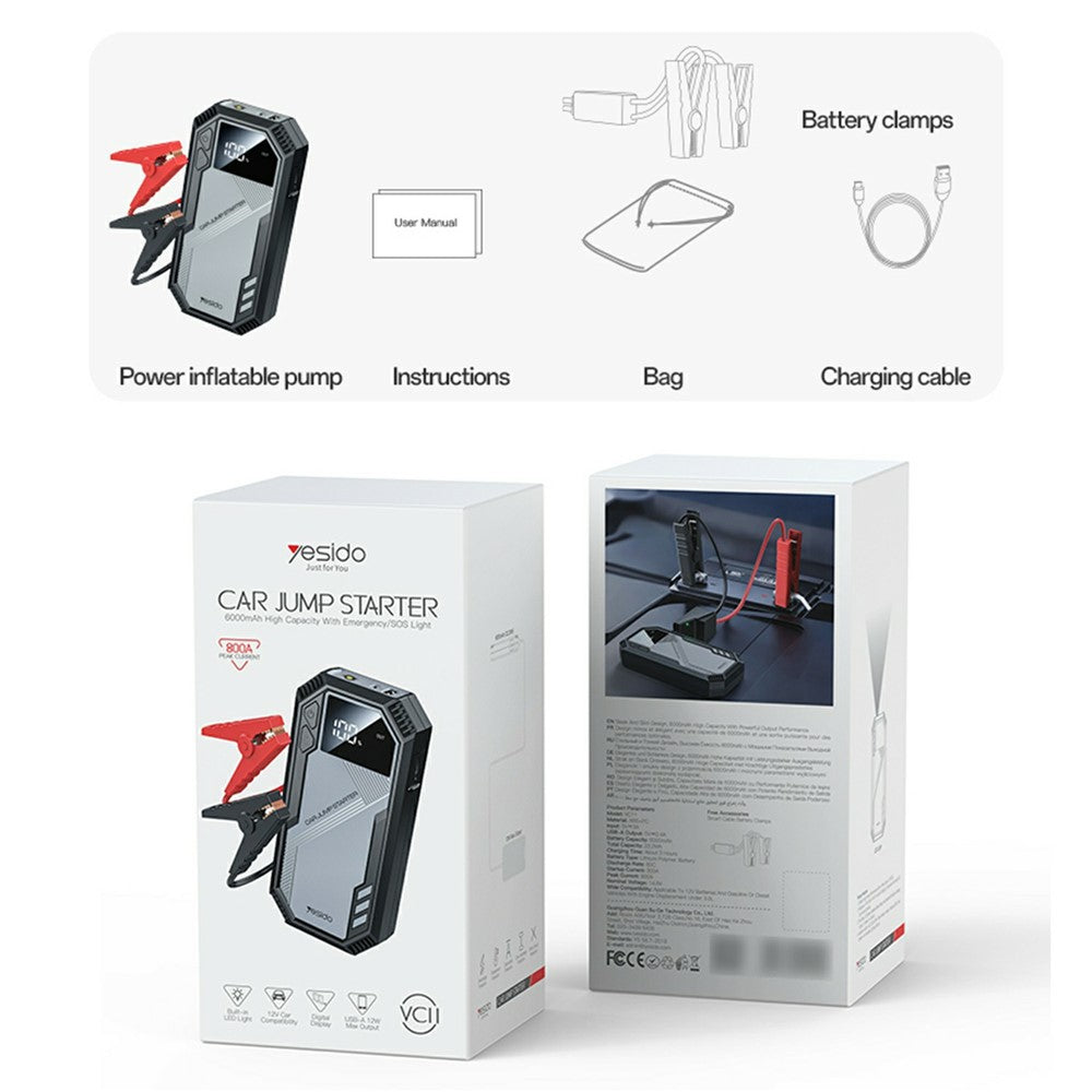 YESIDO VC11 Starthilfe 6000mAh Powerbank, Smart-Klemme für 12V Autobatterien bis 3.0L Benzin/Diesel