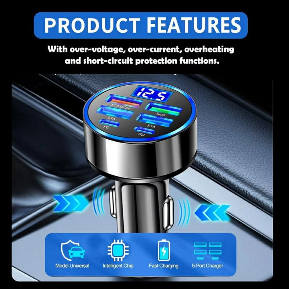 100W High Power 6-Port Car Charger PD QC3.0 Fast Charging Adapter with Voltage Display