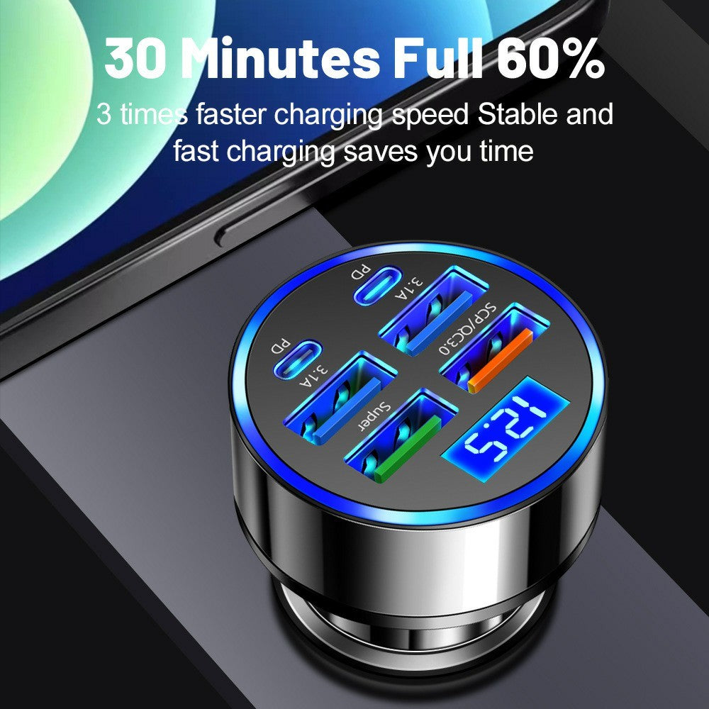 100W High Power 6-Port Car Charger PD QC3.0 Fast Charging Adapter with Voltage Display