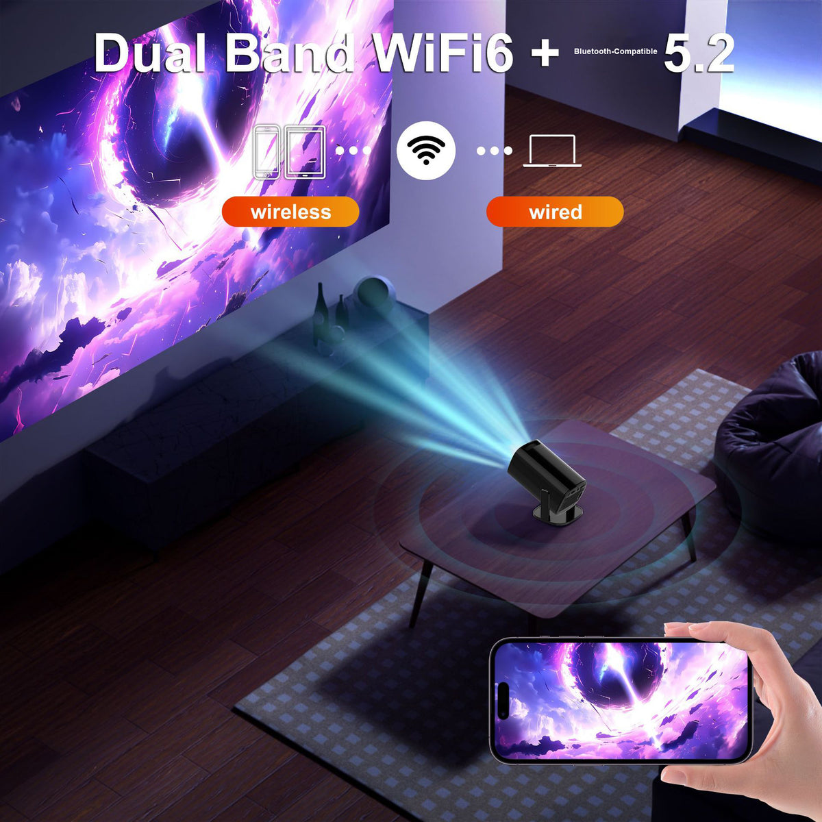 V1 Smart Video Projector 200 ANSI Android 14 Automatic Keystone Correction WiFi / Bluetooth-compatible Home Theater, 1+8GB