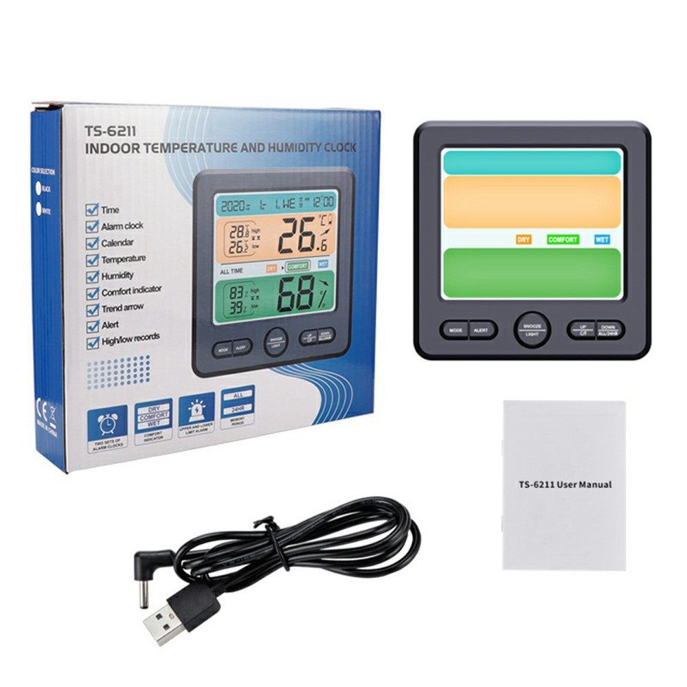 TS-6211 Multifunctional Digital Hygrometer Thermometer Large Display Temperature Humidity Monitor Electronic Clock