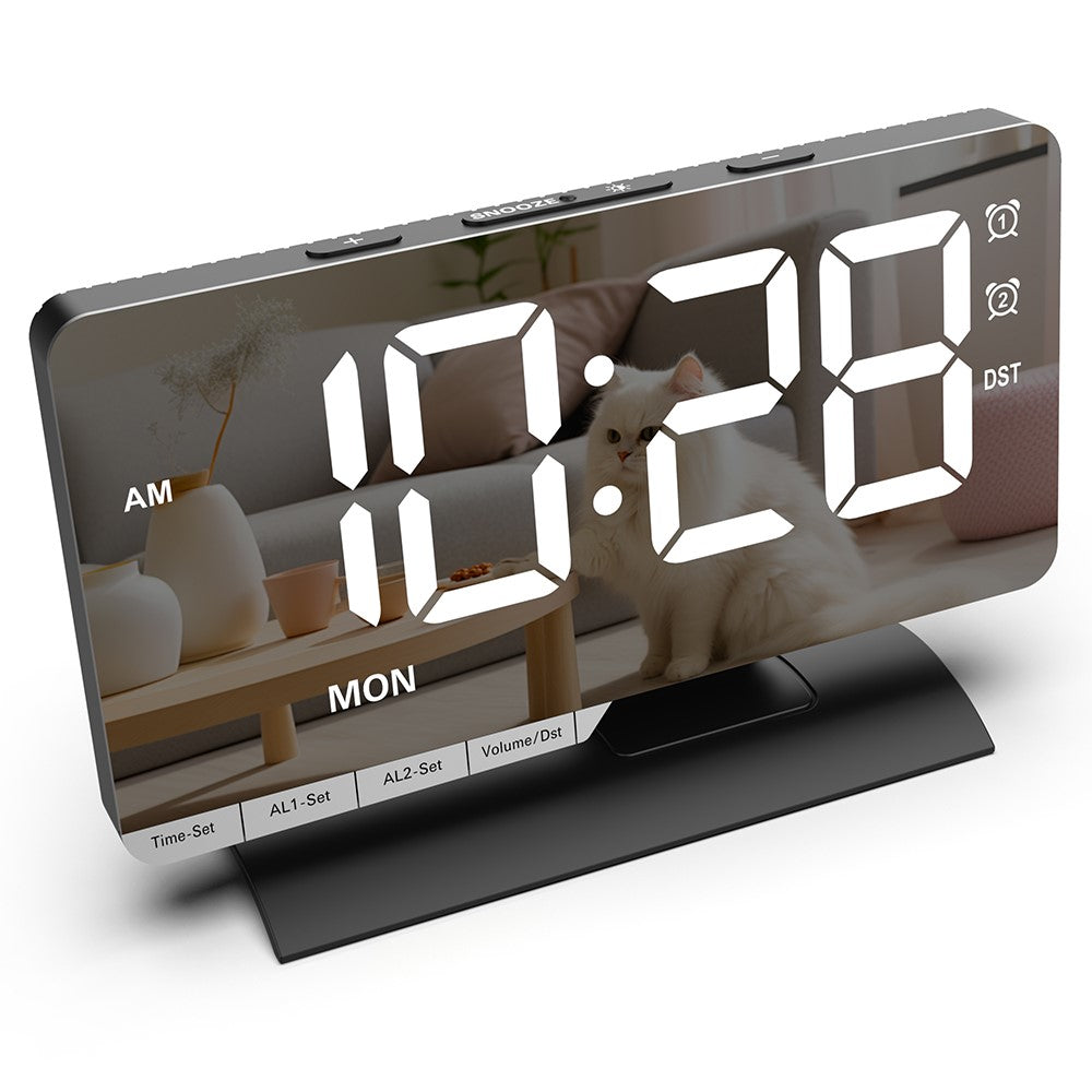 EN8836-A Weekday Display Large Screen Dimmable LED Mirror Digital Alarm Clock with DST Function and Dual Charging Ports