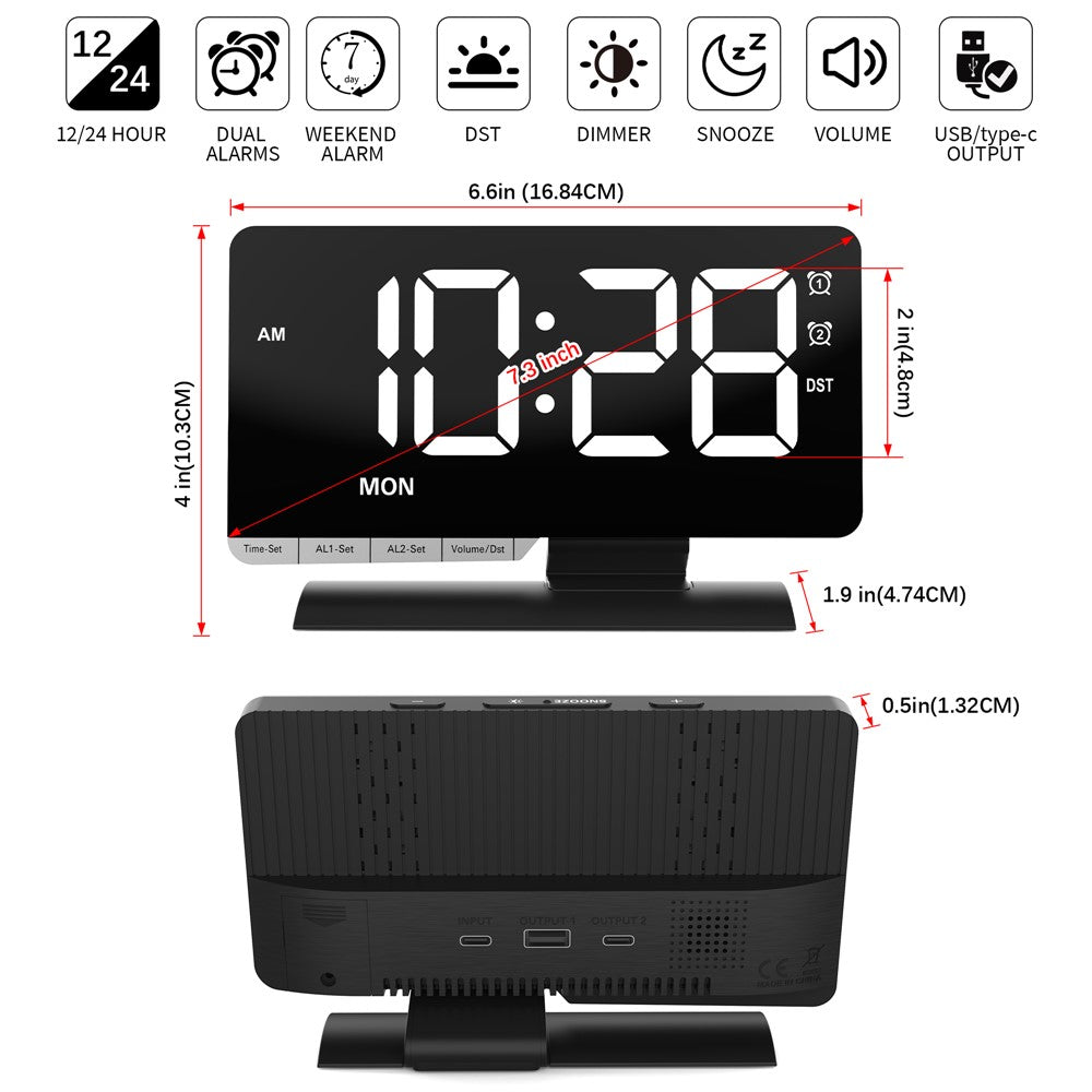 EN8836-A Weekday Display Large Screen Dimmable LED Mirror Digital Alarm Clock with DST Function and Dual Charging Ports