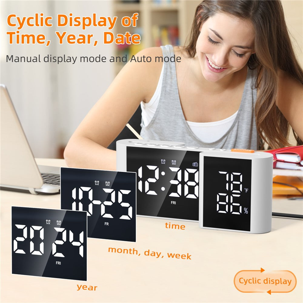 EN8837-A S-Shaped Alarm Clock with FM Radio, 0-100% Dimmer, Dual Alarms Digital Clock Thermohygrometer for Bedroom