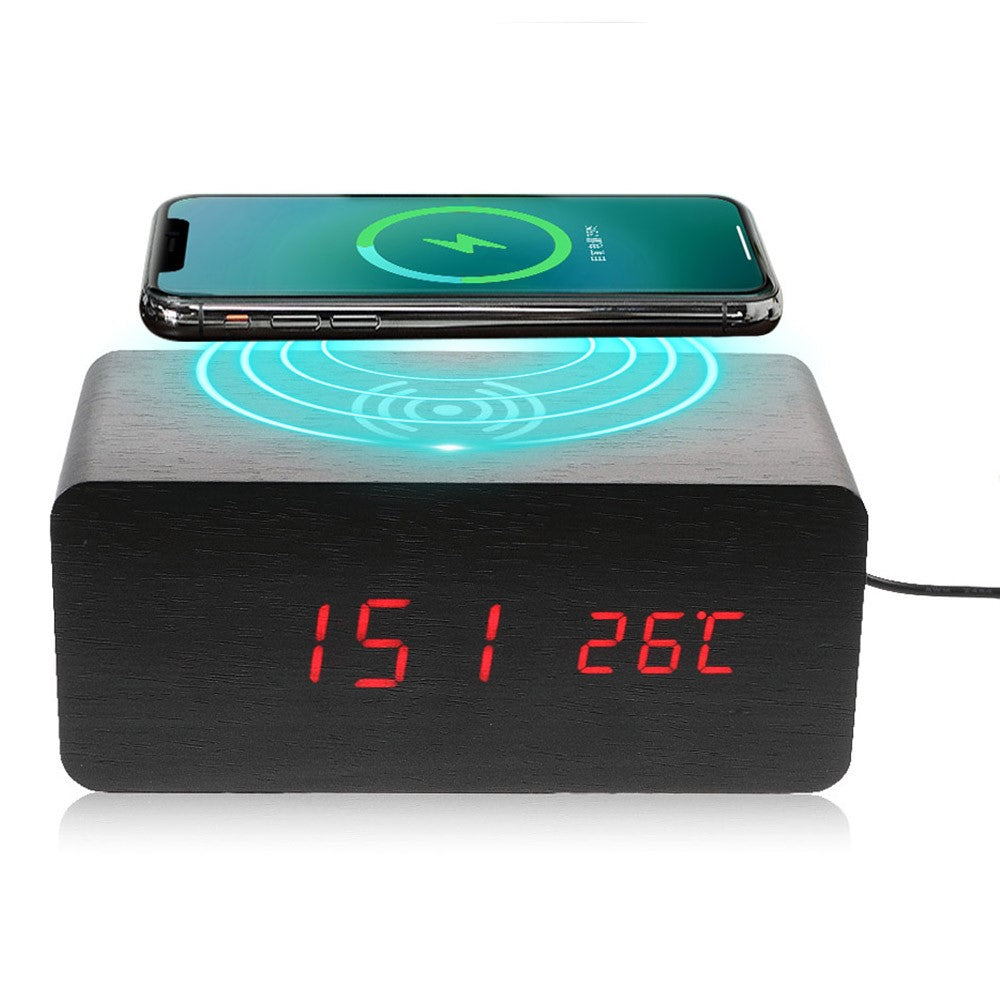 Wooden Alarm Clock with Qi Wireless Charger Sound Control LED Digital Clock Temperature Display