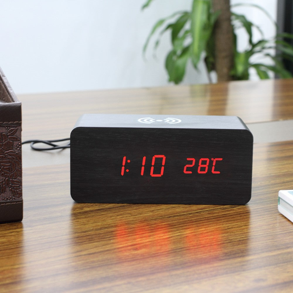 Wooden Alarm Clock with Qi Wireless Charger Sound Control LED Digital Clock Temperature Display