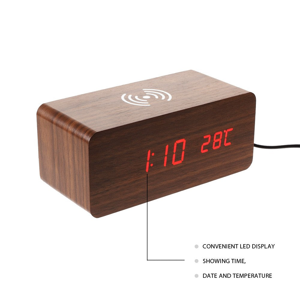 Wooden Alarm Clock with Qi Wireless Charger Sound Control LED Digital Clock Temperature Display
