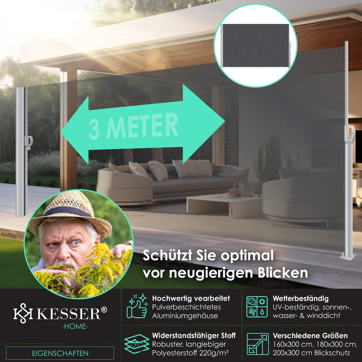 KESSER® Alu Seitenmarkise Ausziehbar Markise Wind Sonne Sicht Schutz Seitenrollo