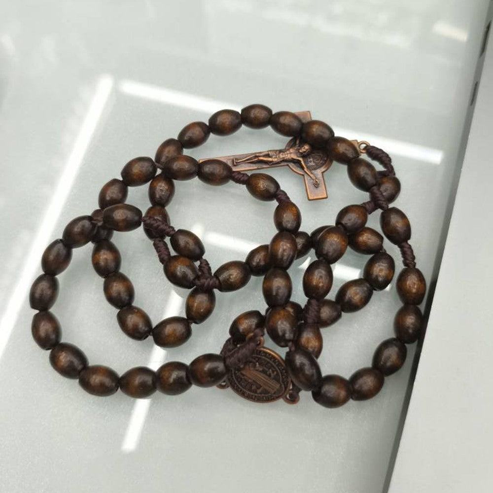 Cross Pendant Necklace with 59 Wooden Beads Religious Rosary Jewelry for Prayer Meditation
