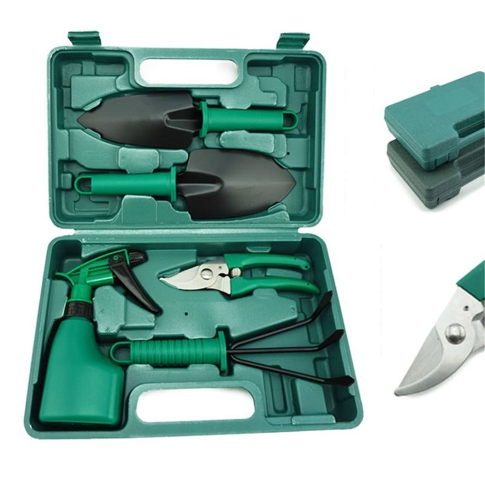 5Pcs/Set Gardening Tools Shear/Fork/Trowel/Sprayer Gardener Carrying Case Hand Tools Kit