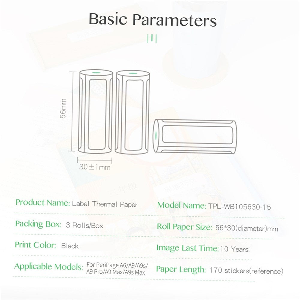 PERIPAGE 3Pcs/Set 15mm Waterproof Oil-proof Label Thermal Paper Self-Adhesive Sticker Printable Paper Roll Label Paper Clear Printing for PeriPage A6/A9/A9s/A9 Pro/A9 Max/A9s Max