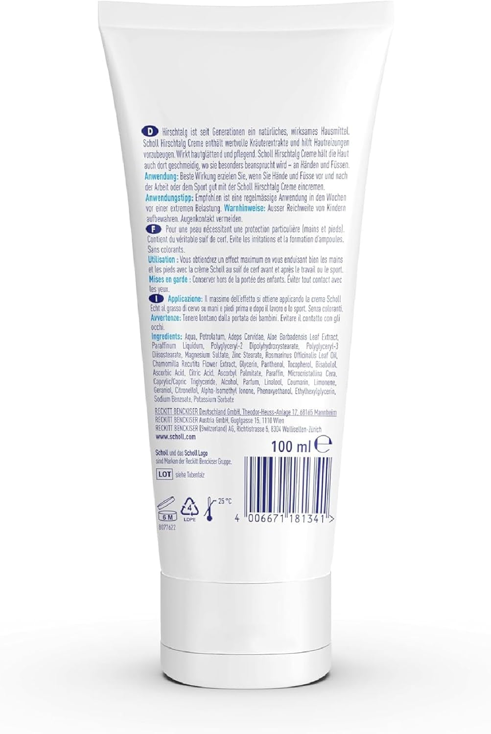Scholl Hirschtalgcreme 100 Ml - Fußcreme Gegen Hornhaut Und Feuchtigkeitscreme Für Hände Und Füße, Fußpflege Für Trockene Haut Mit Kamille, Aloe Vera Und Rosmarinöl, Hautglättend, Ph-Hautneutral