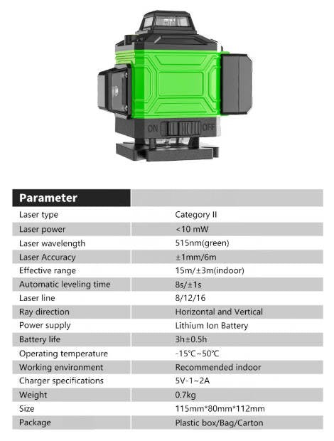 16 Linien 4D Laser-Nivelliergerät 360° – Selbstnivellierender Kreuzlinienlaser Set