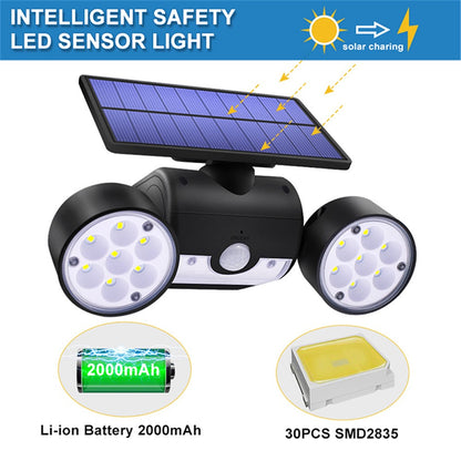 30-LED Solar Light Dual Head Solar Lamp PIR Motion Sensor Spotlight Waterproof Wall Outdoor Lights