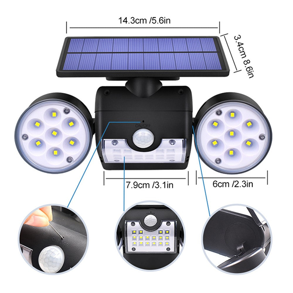 30-LED Solar Light Dual Head Solar Lamp PIR Motion Sensor Spotlight Waterproof Wall Outdoor Lights