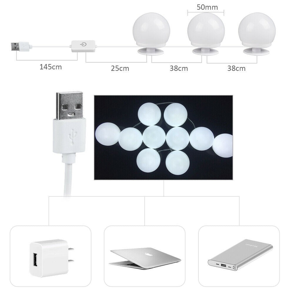 10-LED Mirror Dimmable Light Bulb Kit Vanity USB Makeup Mirror Light