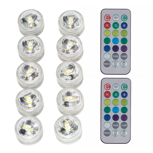 10Pcs 3cm Submersible RGB Color LED Light Lamp Waterproof Underwater Light with 2 Remote Controls for Vase Fishtank Wedding