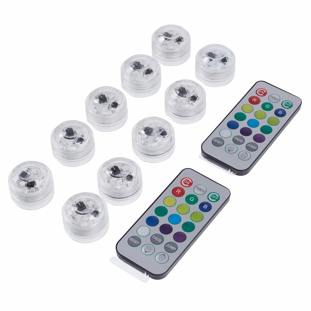 10Pcs 3cm Submersible RGB Color LED Light Lamp Waterproof Underwater Light with 2 Remote Controls for Vase Fishtank Wedding