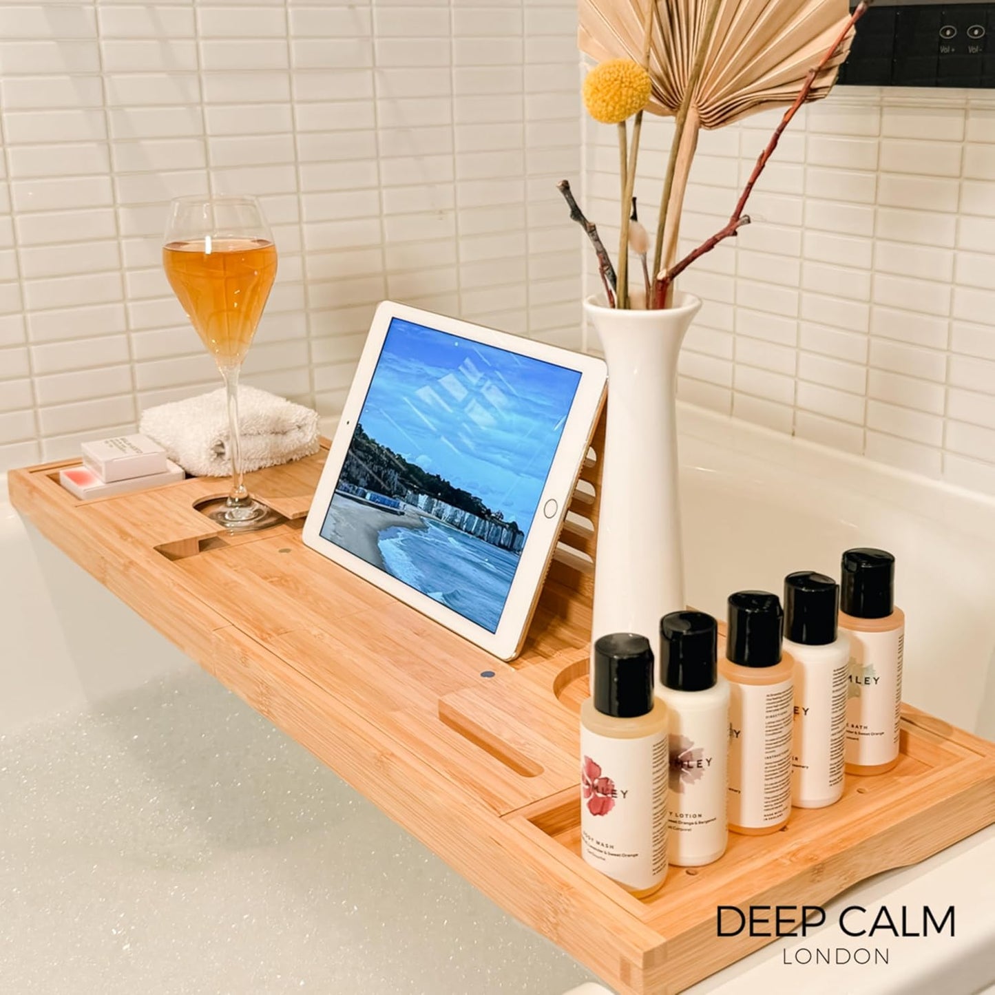 Badewannenablage - Verstellbares Bambus-Badewannenbrett - Rutschfeste Badewannenablage Passend Für Die Meisten Badewannen - Hält Buch, Ipad, Telefon, Glas, Kerze
