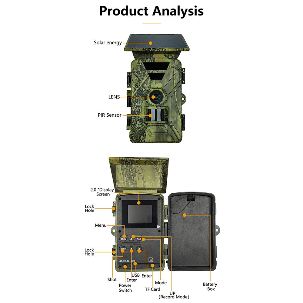 PR903W Solar Trail Camera, 8K 60MP WiFi APP Hunting Camera IR Night Vision Trail Cam IP66 Waterproof for Wildlife Monitoring