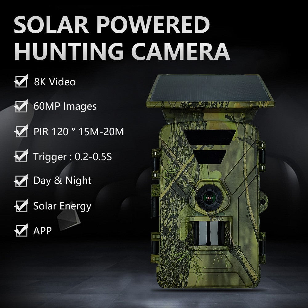 PR903W Solar Trail Camera, 8K 60MP WiFi APP Hunting Camera IR Night Vision Trail Cam IP66 Waterproof for Wildlife Monitoring