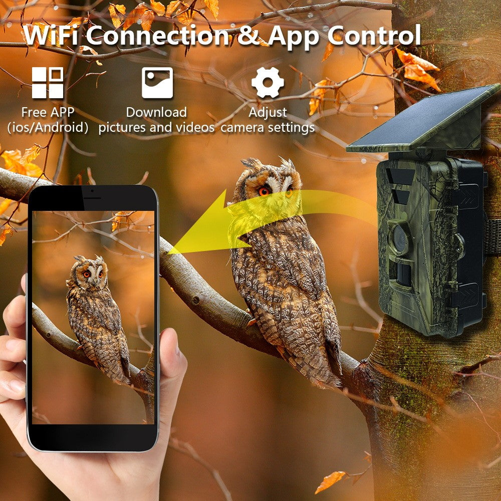 PR903W Solar Trail Camera, 8K 60MP WiFi APP Hunting Camera IR Night Vision Trail Cam IP66 Waterproof for Wildlife Monitoring