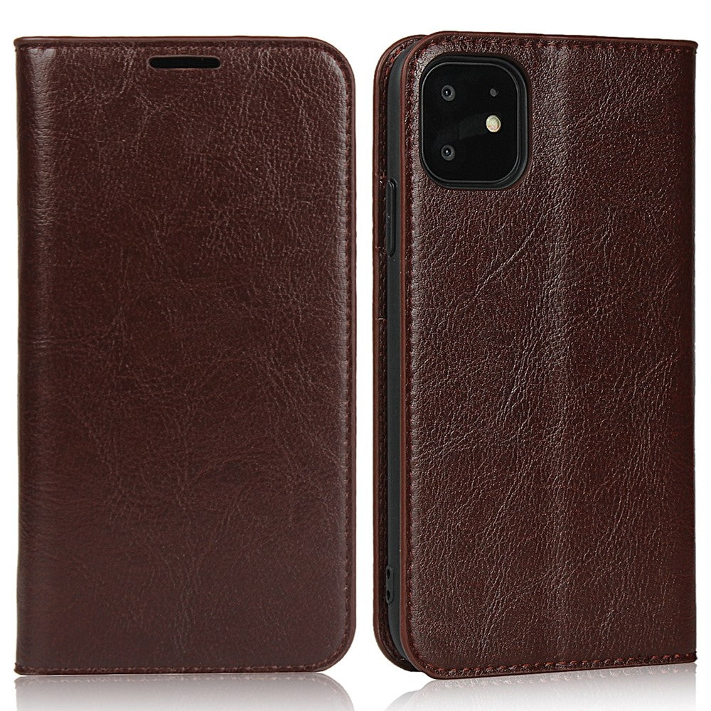 For iPhone 11 6.1 inch Crazy Horse Skin Genuine Leather Case Shockproof TPU Stand Wallet Flip Folio Cover