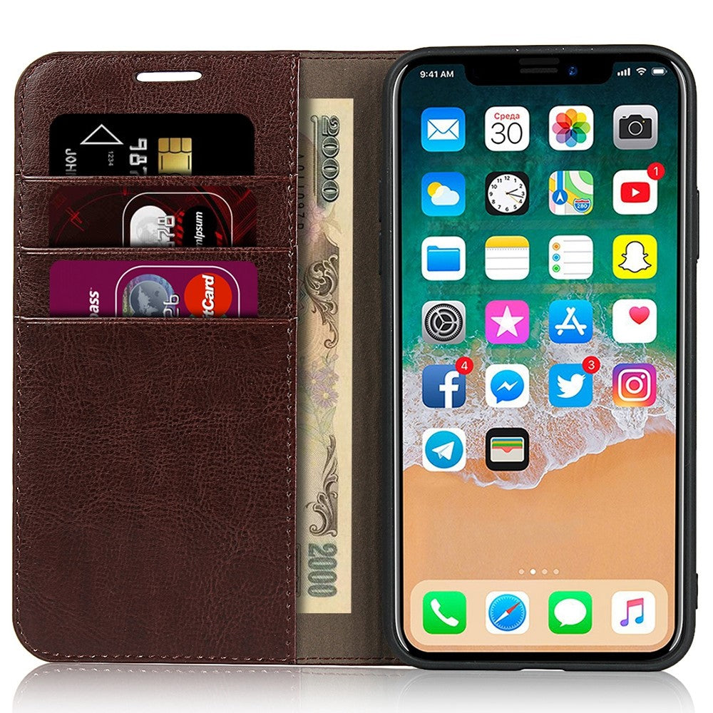 For iPhone 11 6.1 inch Crazy Horse Skin Genuine Leather Case Shockproof TPU Stand Wallet Flip Folio Cover